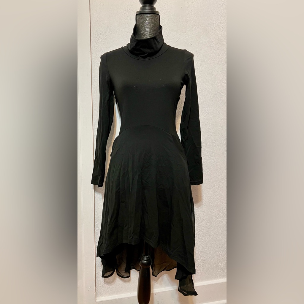 Black Long Sleeve Turtleneck Cotton & Chiffon Asymmetric Dress W/Pockets Size S